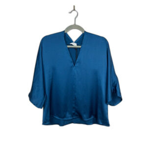 NWT  THE RESET Blue Satin V Neck Pullover Blouse Top Shirt Women's Size Small